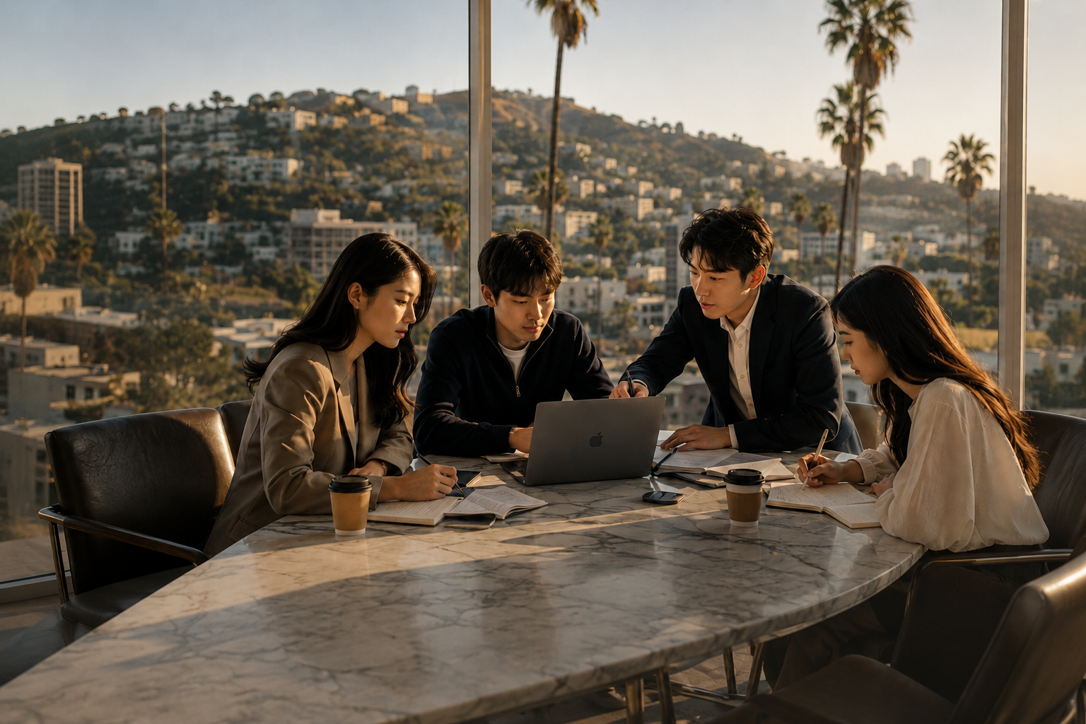Advisors and students seated at a marble table during a private consultation, with a Los Angeles hillside framed by floor-to-ceiling windows.