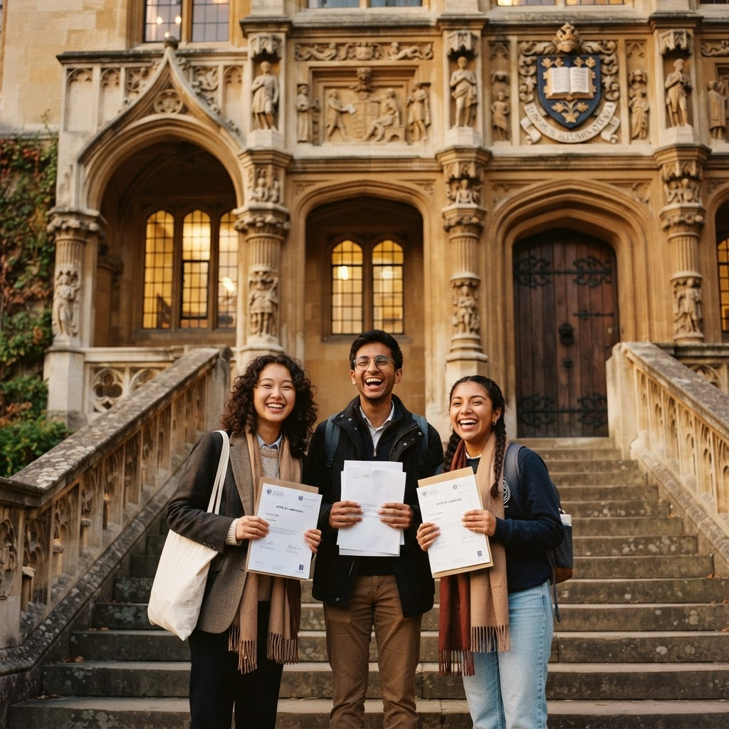 Three happy young international college students standing together on the steps of a grand university library, holding admission documents, with prestigious collegiate architecture behind at golden hour.