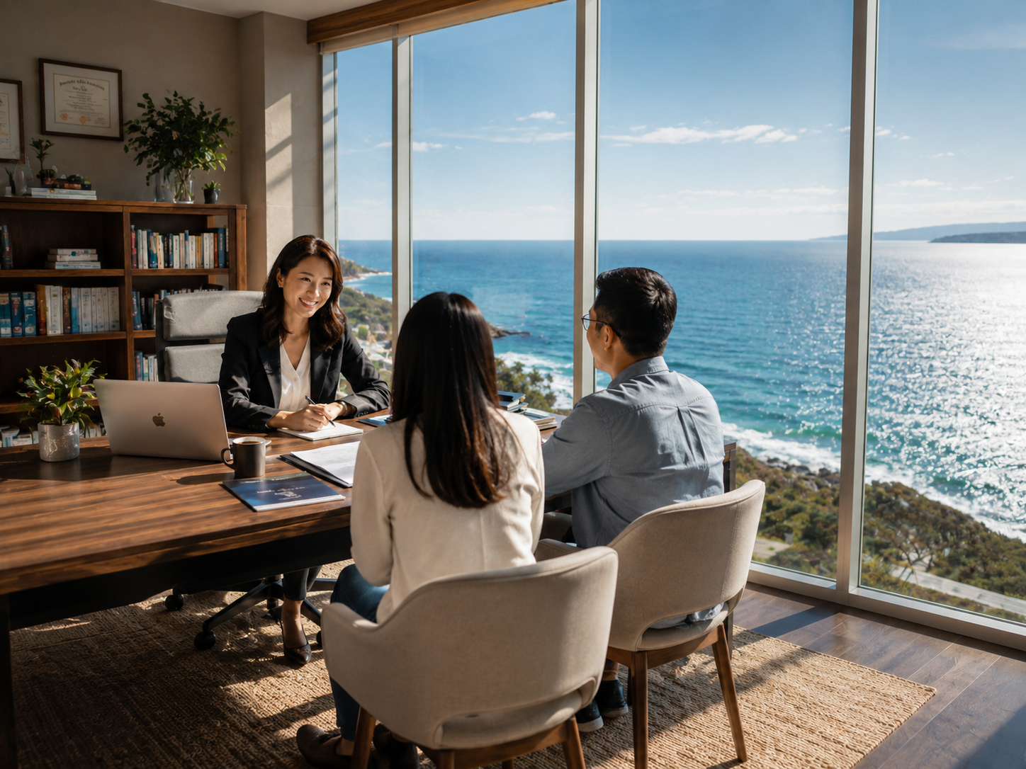 An oceanfront executive office in Los Angeles where advisors meet with a family for a private admissions consultation, the Pacific Ocean visible through floor-to-ceiling glass.